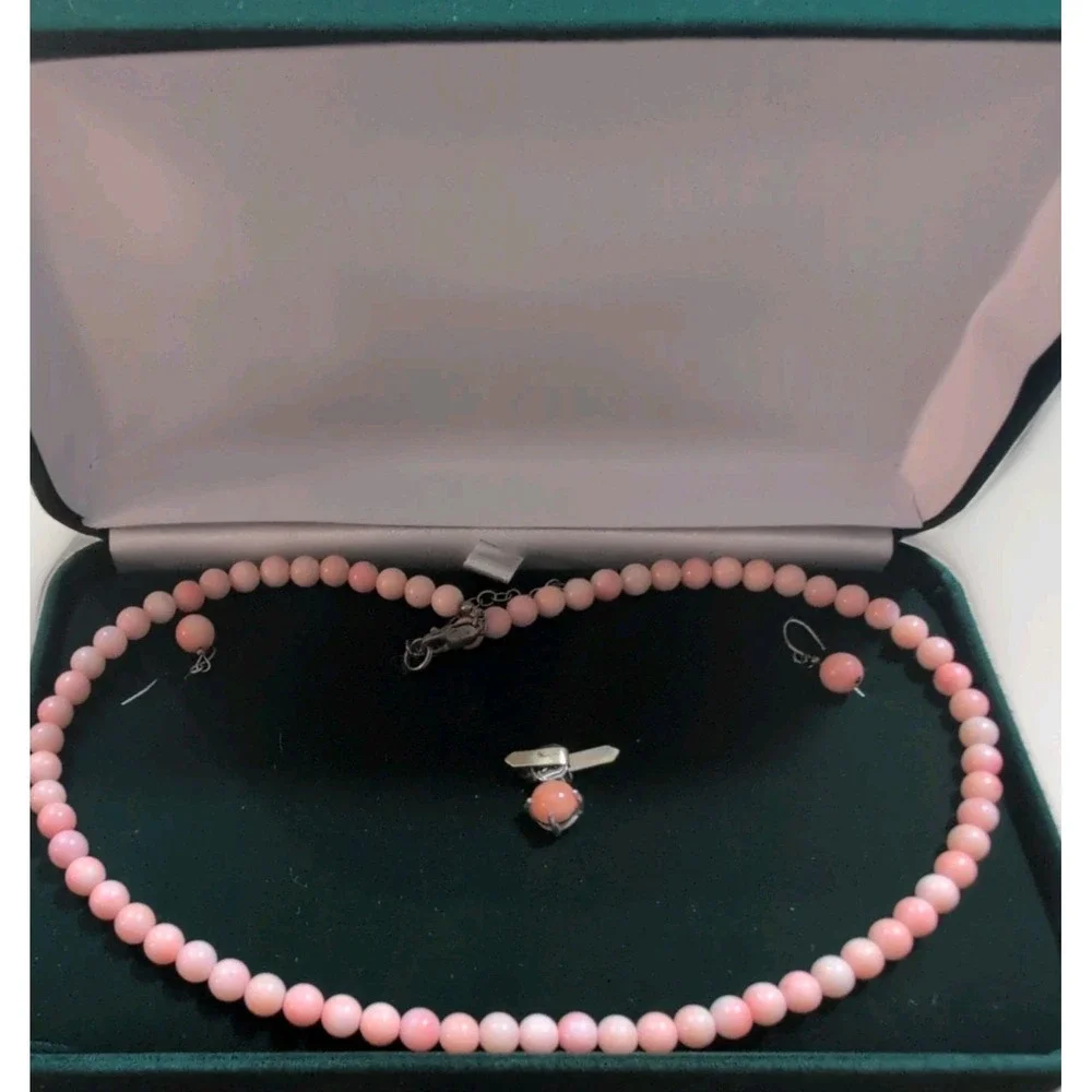 Vtg Sterling 925 Angel‎ Skin Pink Coral Beaded Necklace, Charm, Earrings 3pc Set